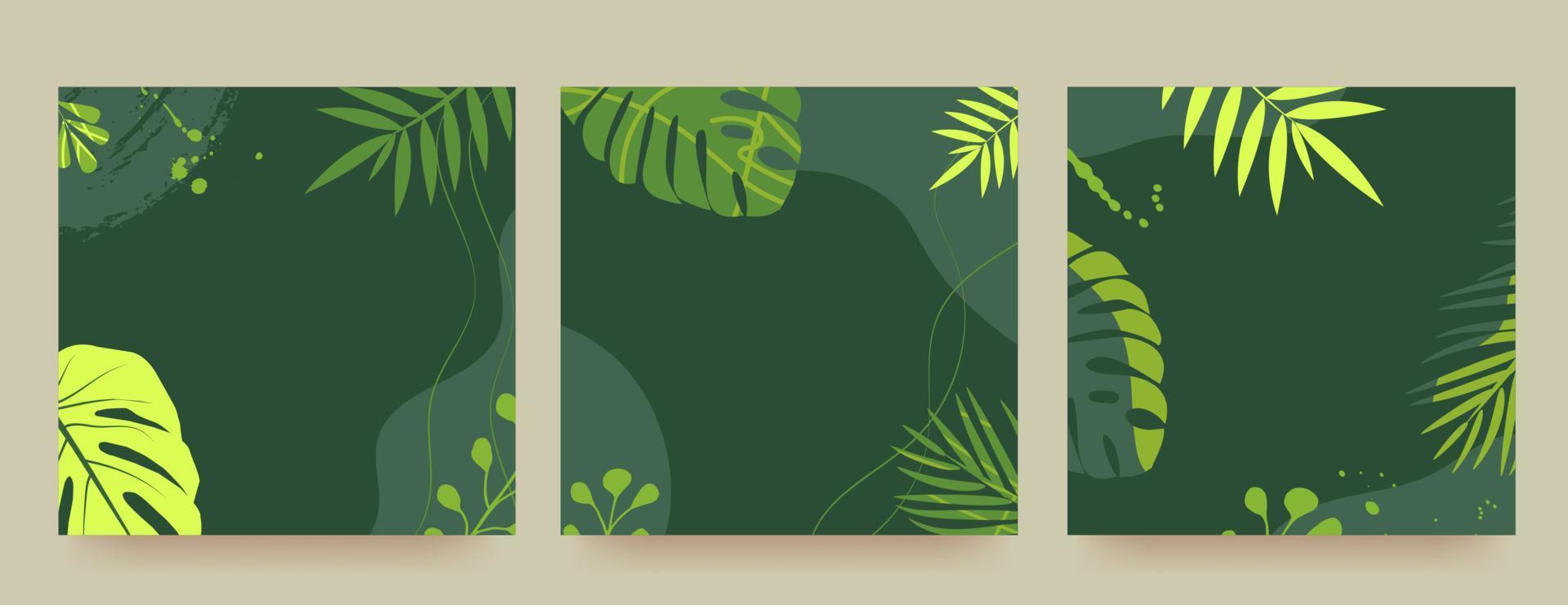 ensemble de bannières promotionnelles avec des feuilles tropicales, des plantes et des patchs de fleurs à la mode. été tropical. annonce d'une nouvelle collection, remises dessus, soldes d'été. illustration vectorielle vecteur