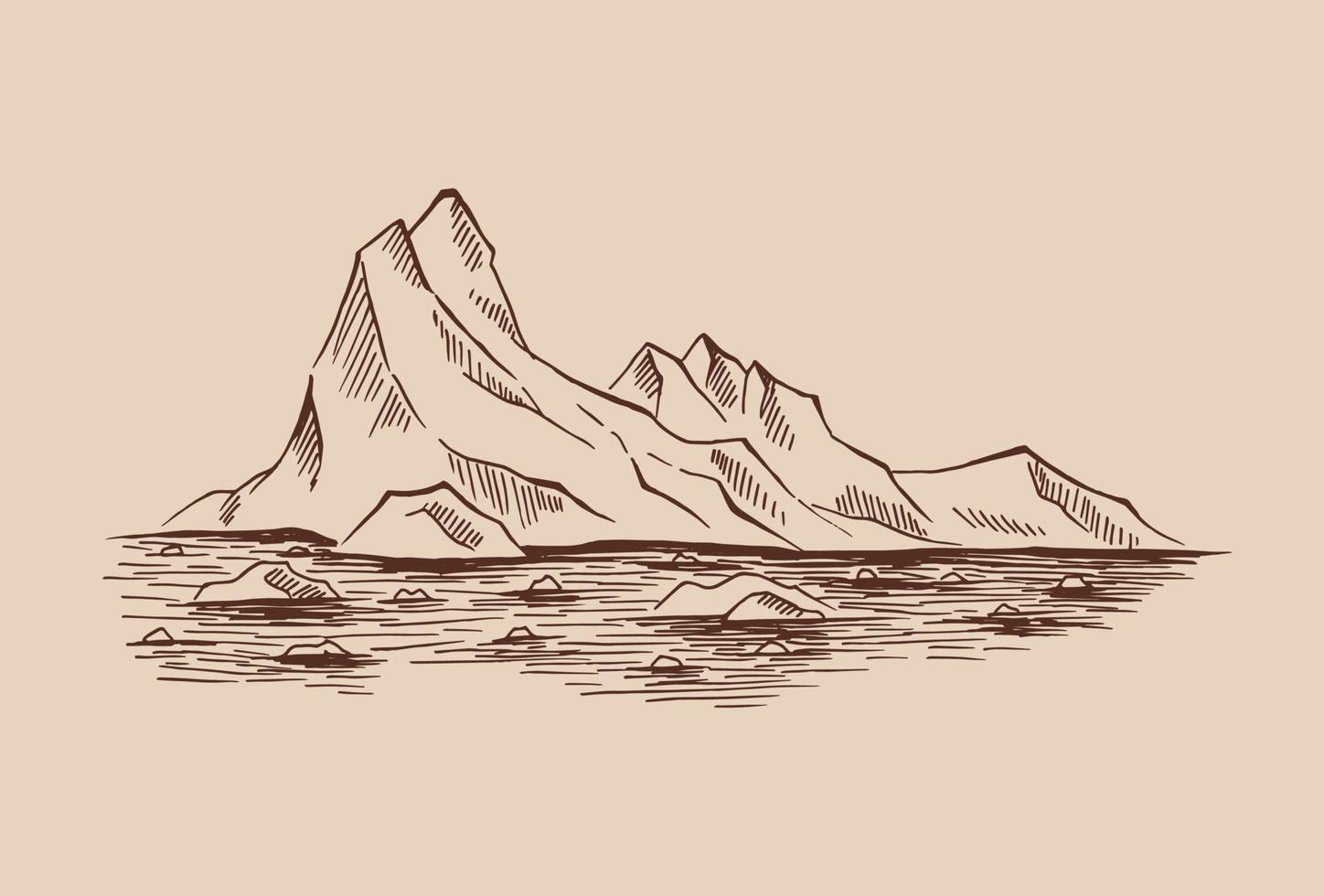 paysage arctique. monts glacés, iceberg. illustration dessinée à la main convertie en vecteur. vecteur