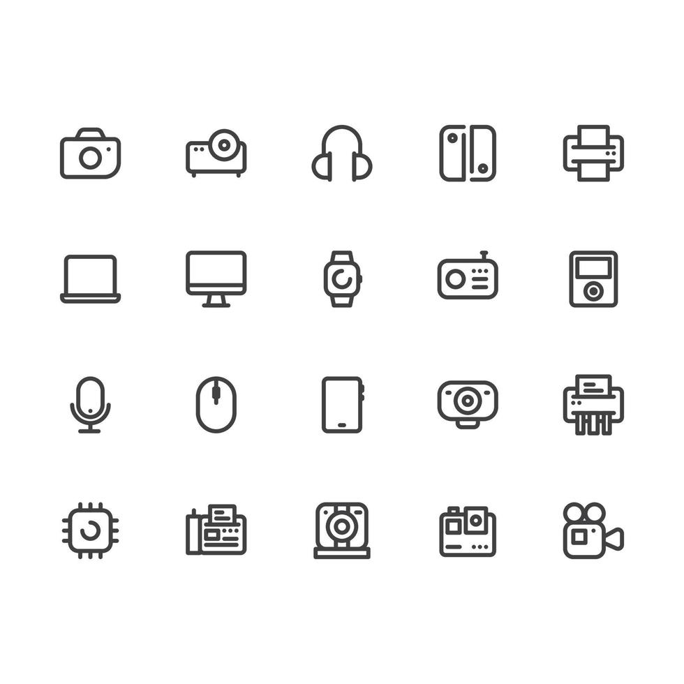 ensemble simple d'icônes de lignes vectorielles liées au périphérique et au matériel. contient des icônes telles que l'appareil photo ou l'imprimante, le smartphone, l'ordinateur et plus encore. trait modifiable vecteur