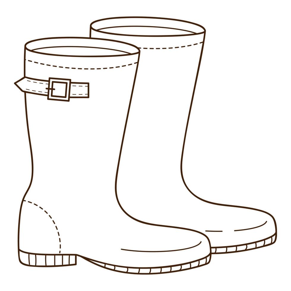 bottes en caoutchouc avec une sangle. chaussures... élément de design avec contour. le thème de l'hiver, l'automne. griffonnage, dessiné à la main. illustration vectorielle noir blanc. isolé sur fond blanc vecteur