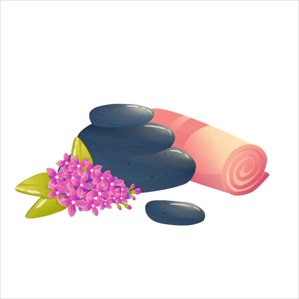 pierres chaudes pour la relaxation et le massage, avec serviette et fleur de lilas violet sur fond blanc. pierres pour spa, massage du corps. illustration de vecteur de dessin animé.