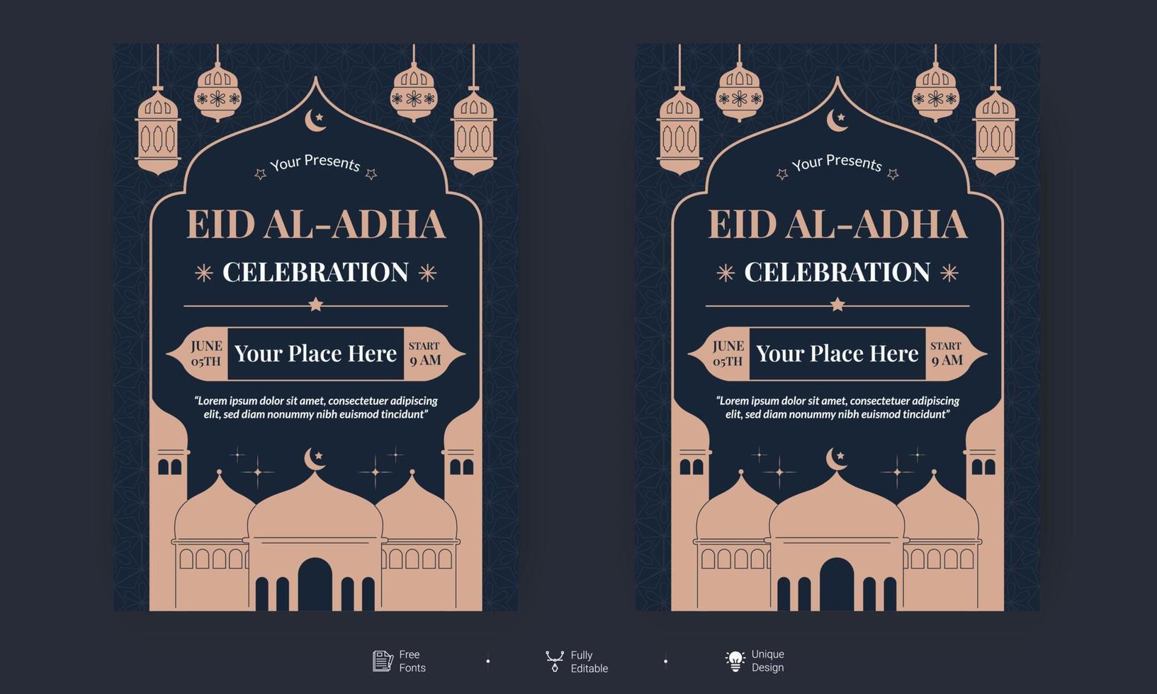 dépliant eid al adha. eid, ramadan kareem ensemble d'affiches ou de conception d'invitations. carte de voeux rétro décorative ou conception de mise en page d'invitation vecteur