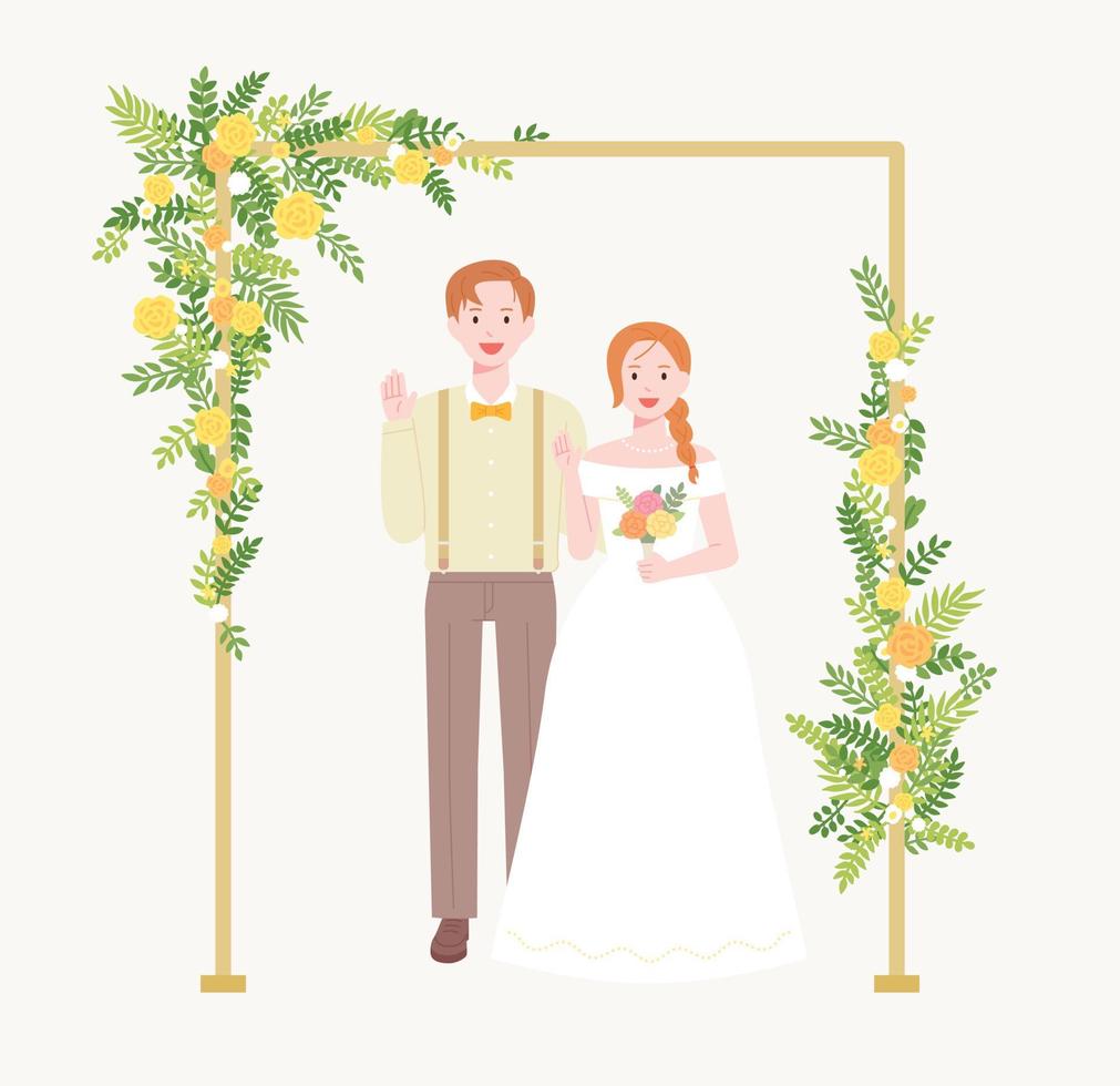un marié en robe de mariée se tient debout dans un cadre décoré de fleurs. vecteur
