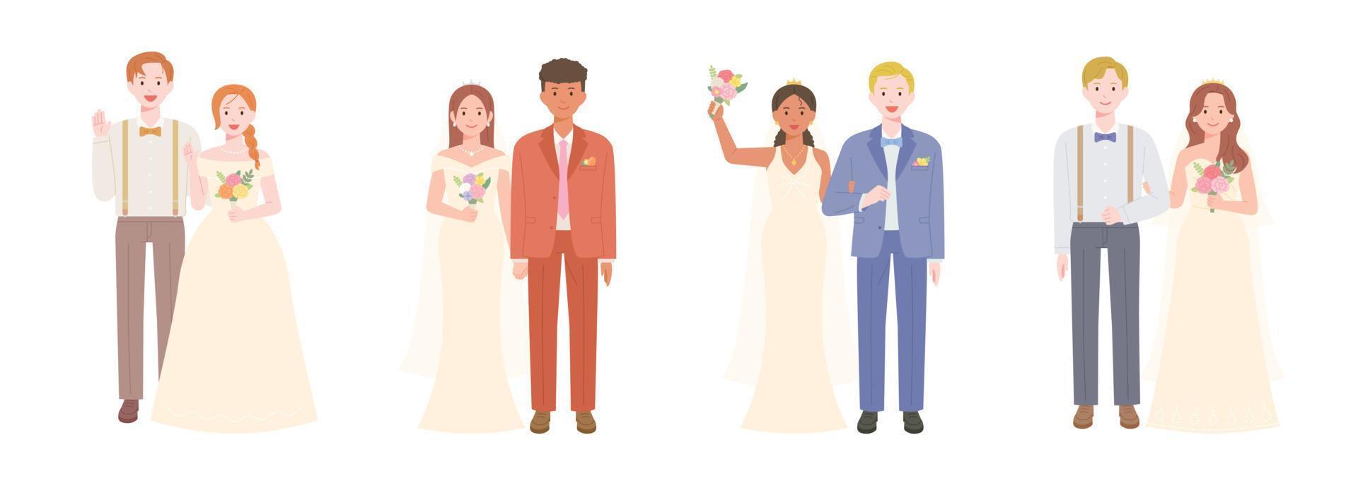 collection de personnages de la mariée et du marié de différentes races en robes de mariée. vecteur
