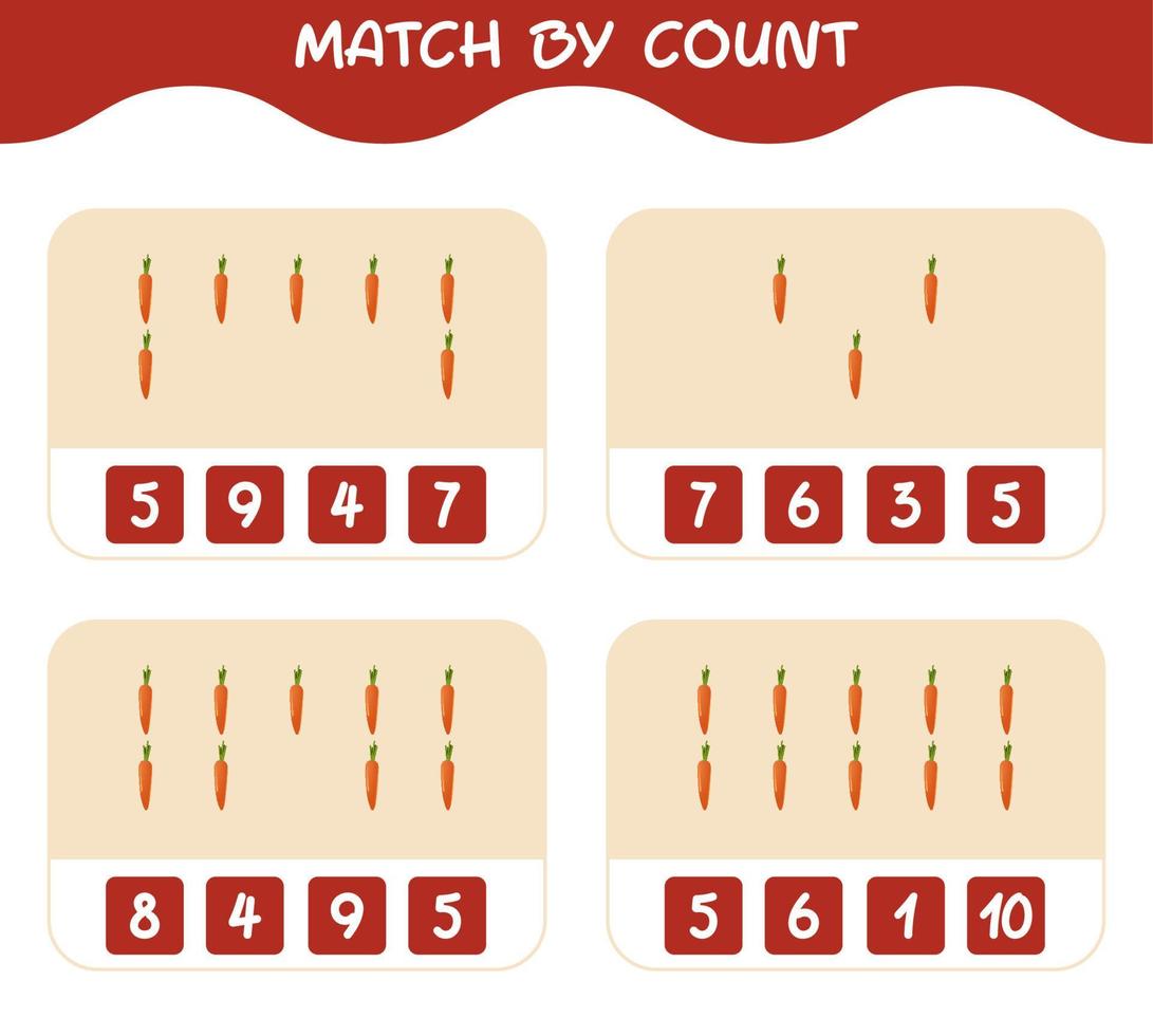 match par nombre de carottes de dessin animé. match et jeu de comptage. jeu éducatif pour les enfants d'âge préscolaire et les tout-petits vecteur