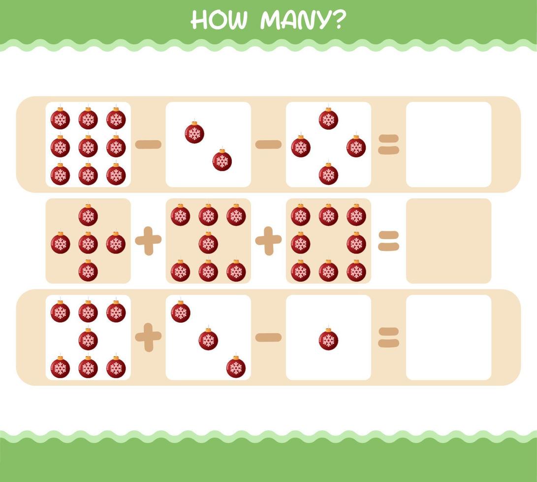 combien d'ornement de noël de dessin animé. jeu de comptage. jeu éducatif pour les enfants d'âge préscolaire et les tout-petits vecteur