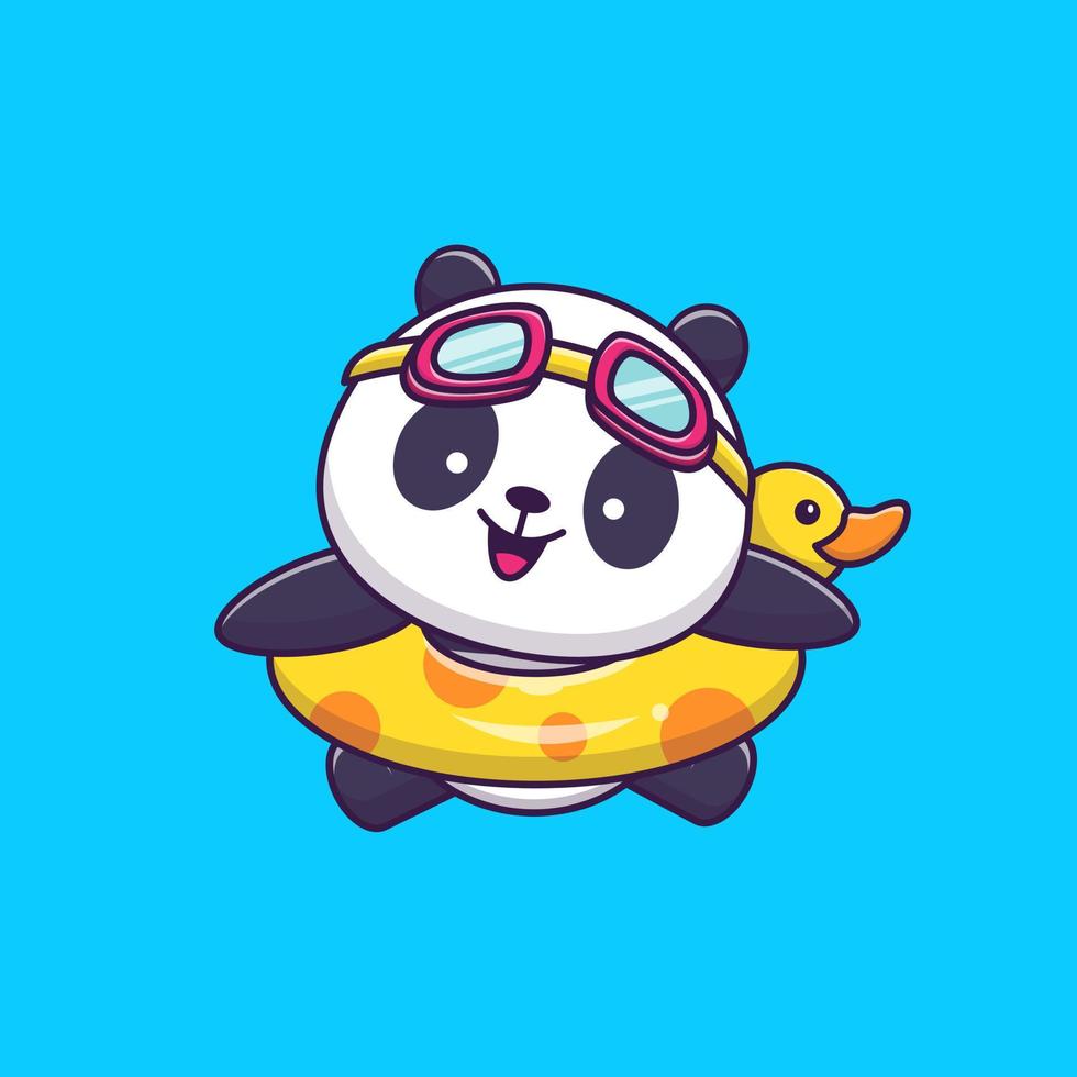 panda mignon flottant avec illustration d'icône de vecteur de dessin animé de pneus de canard. concept d'icône de vacances animales isolé vecteur premium. style de dessin animé plat