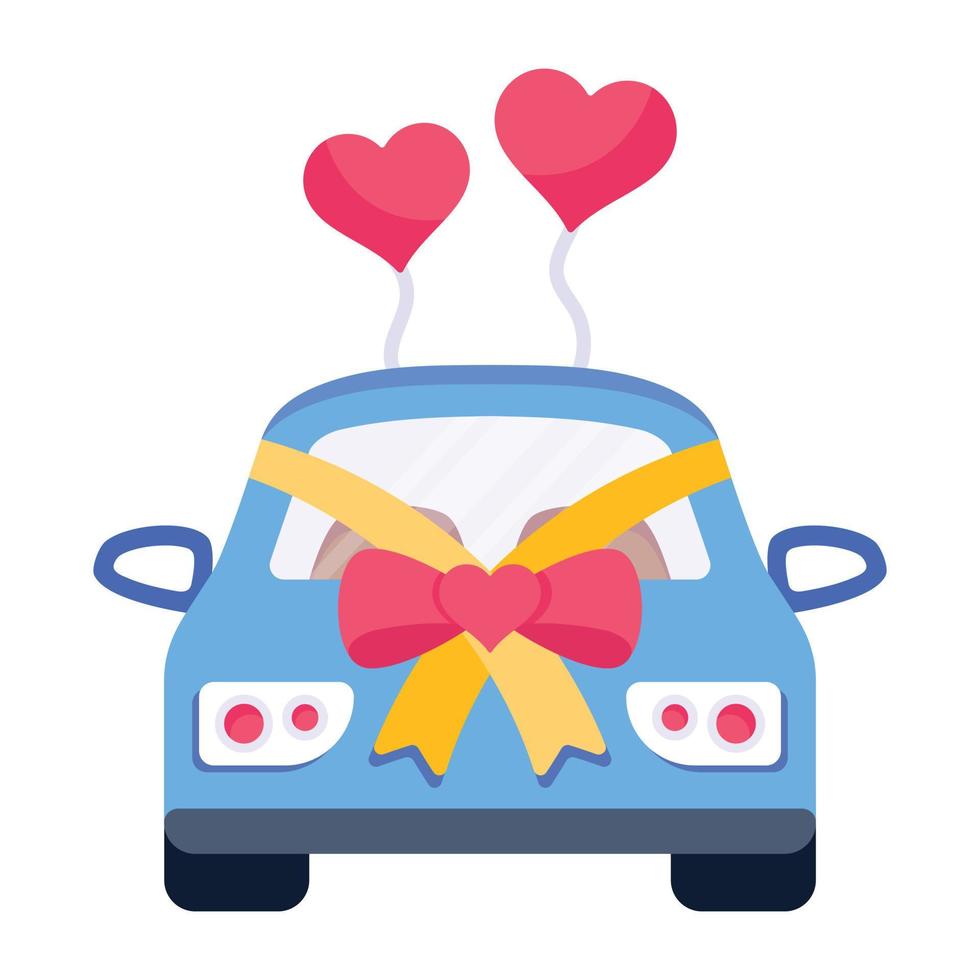 voiture de mariage avec ballons coeur, dessin vectoriel plat