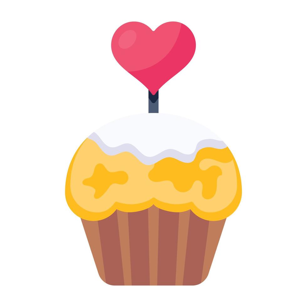 cupcake saint valentin avec un décor de coeur, icône plate vecteur