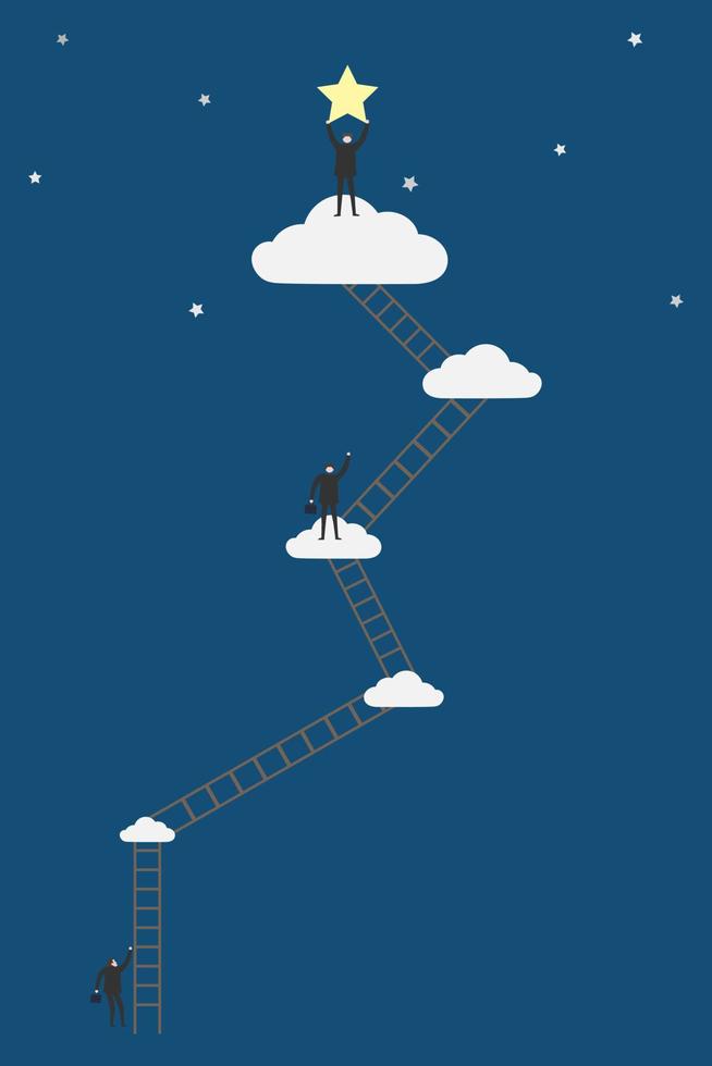 vecteur de concept de compétition commerciale de succès et arrière-plan de modèle d'illustration, homme d'affaires essaie de grimper une échelle et finalement il a obtenu l'étoile et montre la victoire.