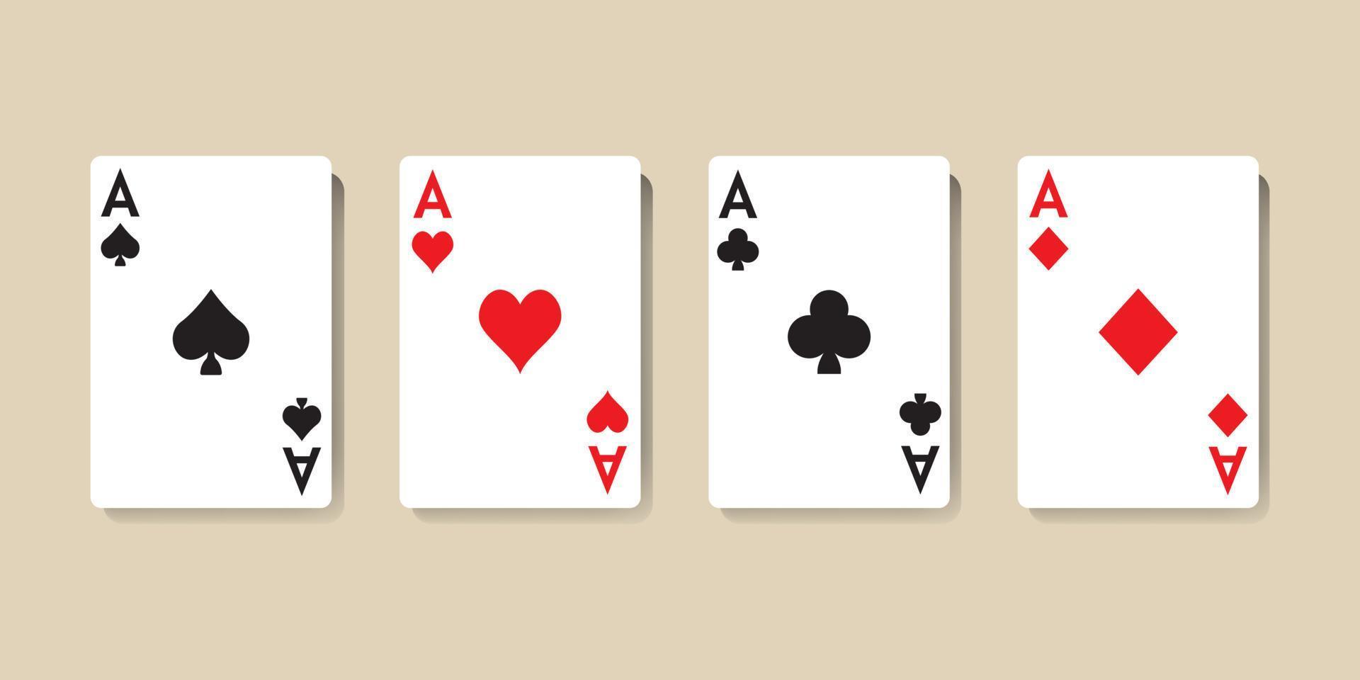 ensemble de quatre cartes à jouer as. collection de coeurs, de piques, de trèfles et d'as de carreau. illustration vectorielle vecteur