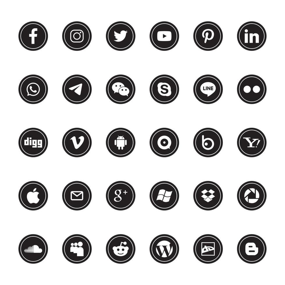 bogor, indonésie - 23 mai 2022. ensemble de logos de médias sociaux populaires. facebook, instagram, twitter, linkedin, youtube, télégramme, vimeo, snapchat, whatsapp, etc. illustration vectorielle vecteur