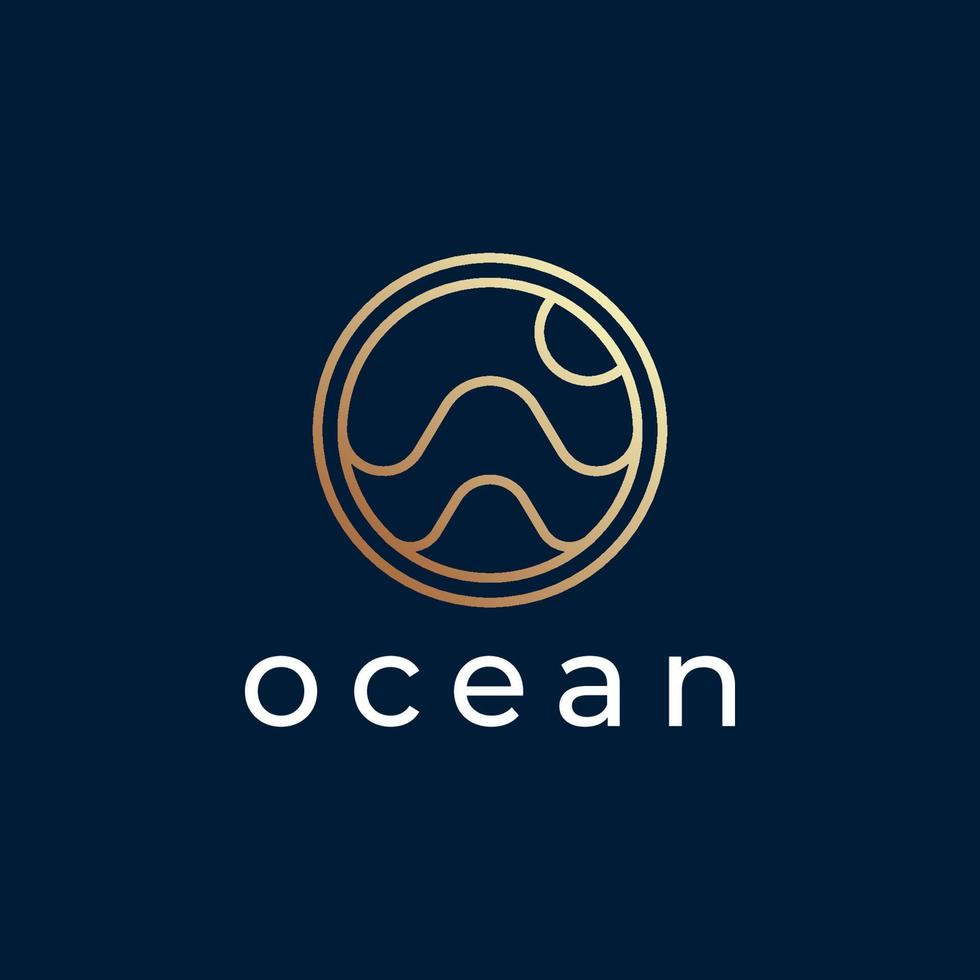 océan soleil vague ligne contour logo design couleur or. vecteur