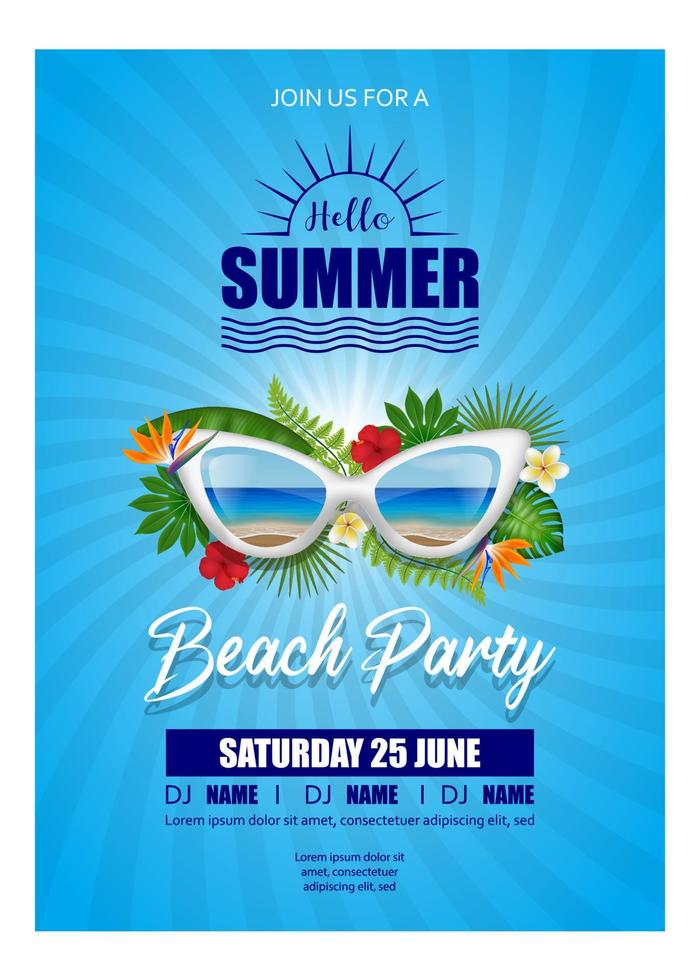 affiche de fête de plage avec des lunettes de soleil et des feuilles tropicales. bonjour fond d'été vecteur