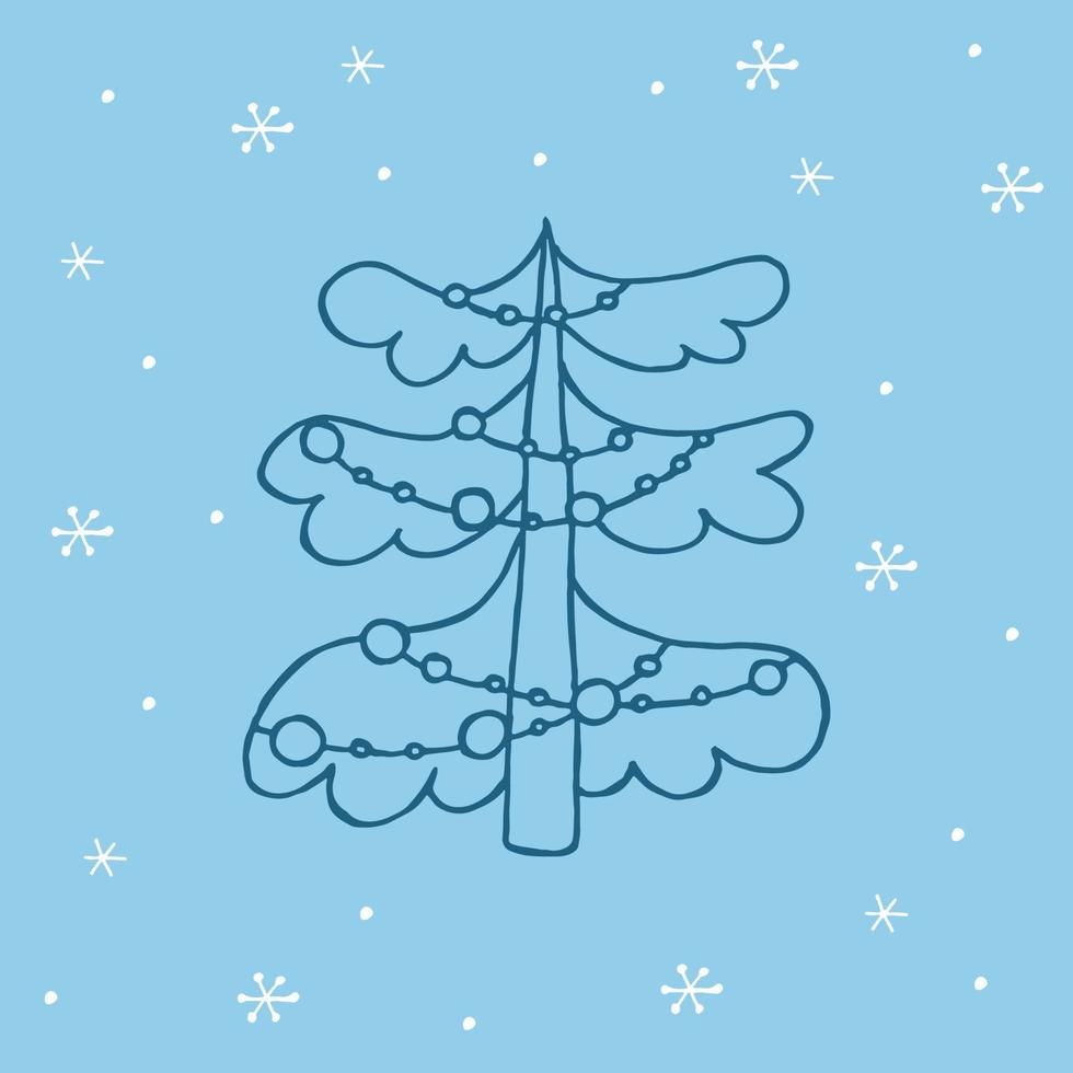 un arbre de noël dessiné à la main. illustration vectorielle dans un style doodle. humeur d'hiver. bonjour 2023. joyeux noël et bonne année. élément bleu foncé avec des flocons de neige blancs sur fond bleu. vecteur