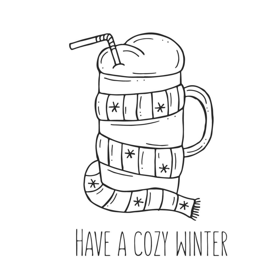 chocolat chaud dans un verre avec une écharpe. cacao chaud sur fond blanc. illustration vectorielle dans un style doodle. humeur d'hiver. bonjour 2023. joyeux noël et bonne année. vecteur