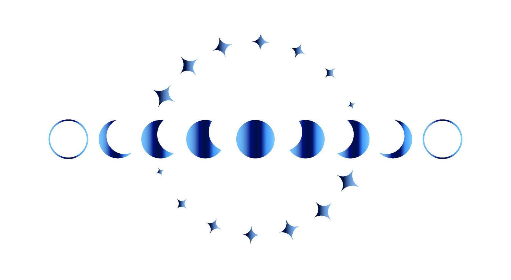 cadre de bordure bleu phases de lune, signe de bannière wicca. symbole de la déesse wiccan païenne triple lune, géométrie sacrée, roue de l'année et étoiles dorées, vecteur isolé sur fond blanc