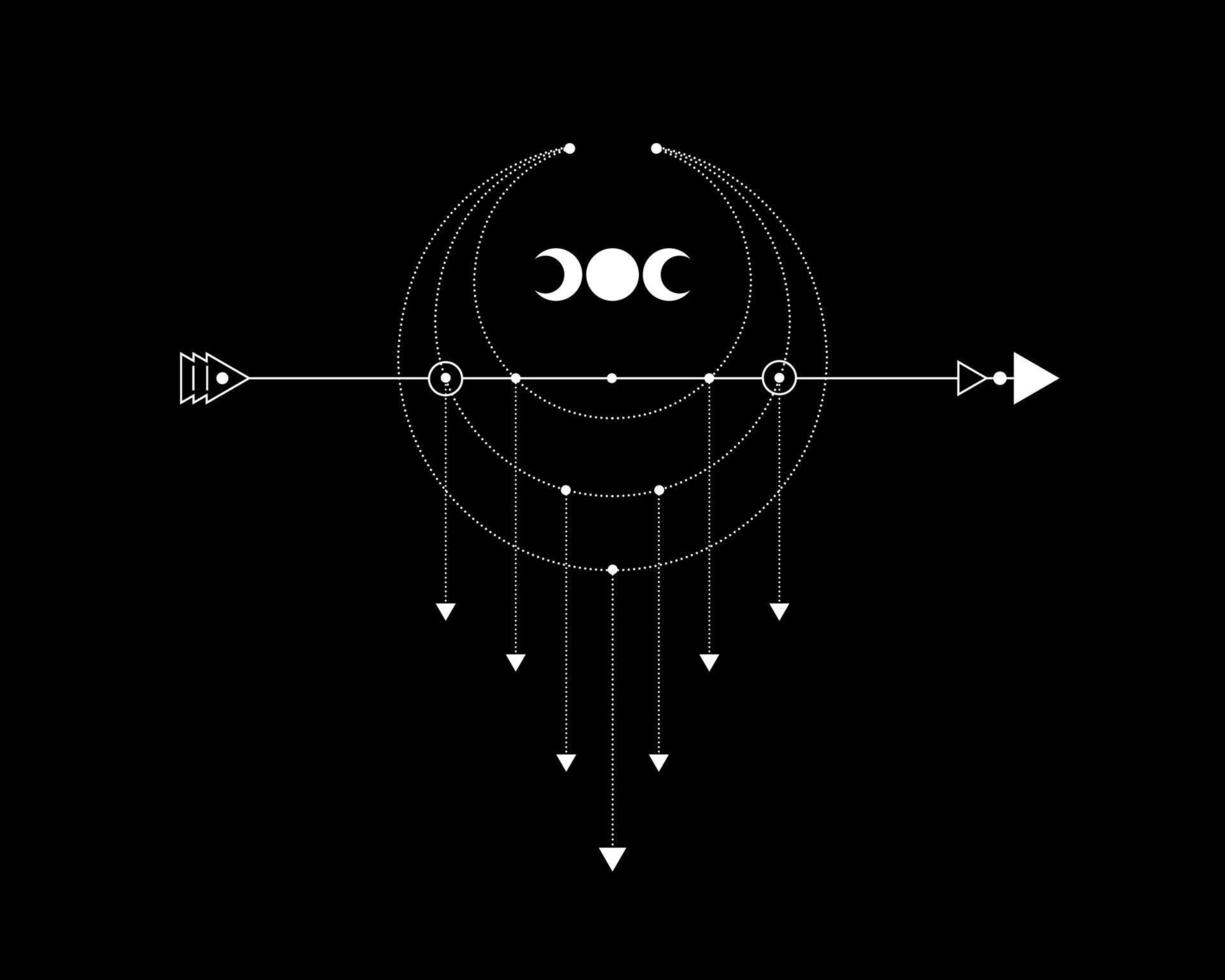 géométrie sacrée, flèche mystique et croissant de lune, lignes pointillées dans le style boho, icône wiccan, talisman céleste magique ésotérique alchimie mystique. vecteur d'occultisme spirituel isolé sur fond noir