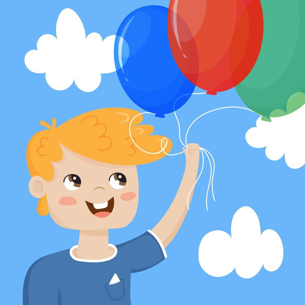 un garçon d'âge préscolaire tient trois ballons colorés dans ses mains. ambiance festive, anniversaire. ciel bleu avec des nuages. image vectorielle isolée. vecteur