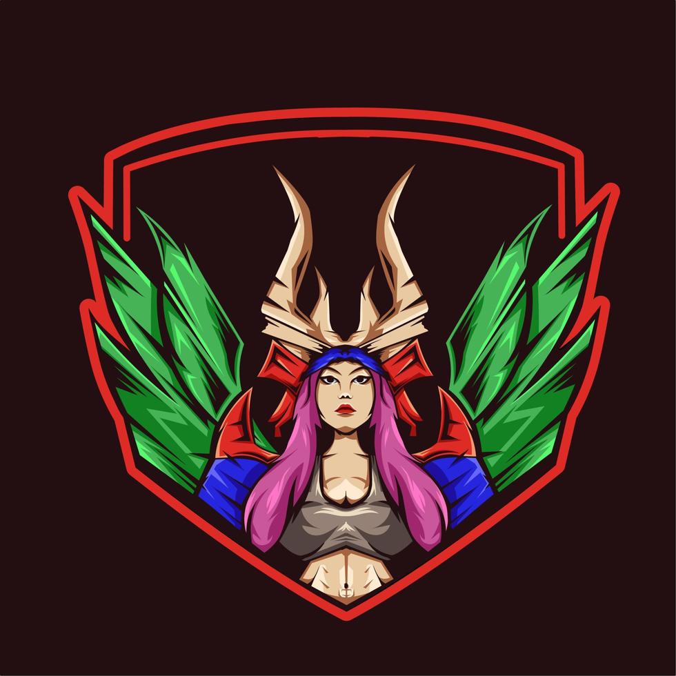 logo esport beau personnage féminin, avec des ailes et né du royaume fait un héros combattant, beau et dangereux vecteur