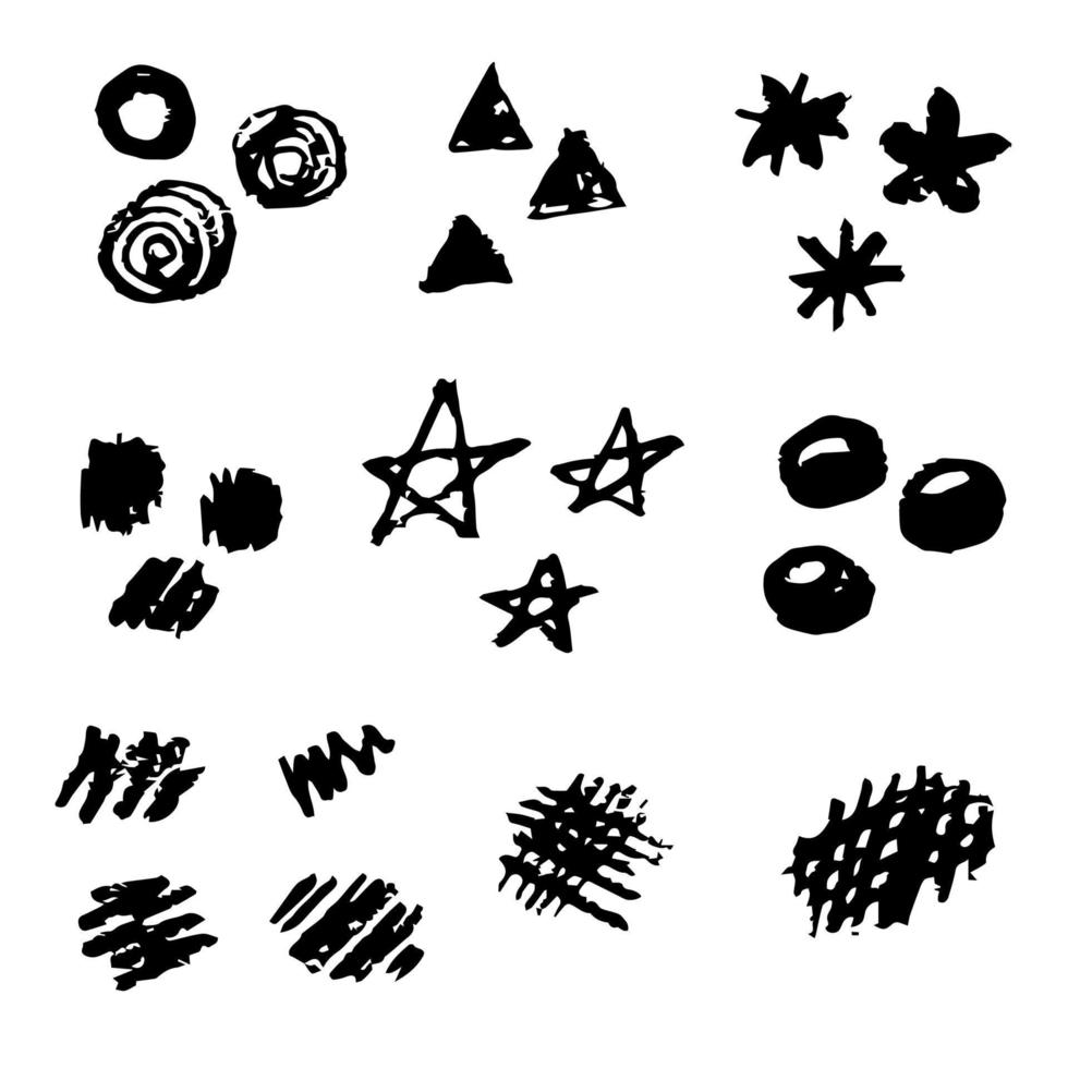 ensemble de griffonnage vectoriel simple de crayon de charbon de bois dessiné à main levée. éléments abstraits noirs, traits, taches, spirales, cercles, triangles, étoiles sur fond blanc. pour créer un modèle, concevoir.
