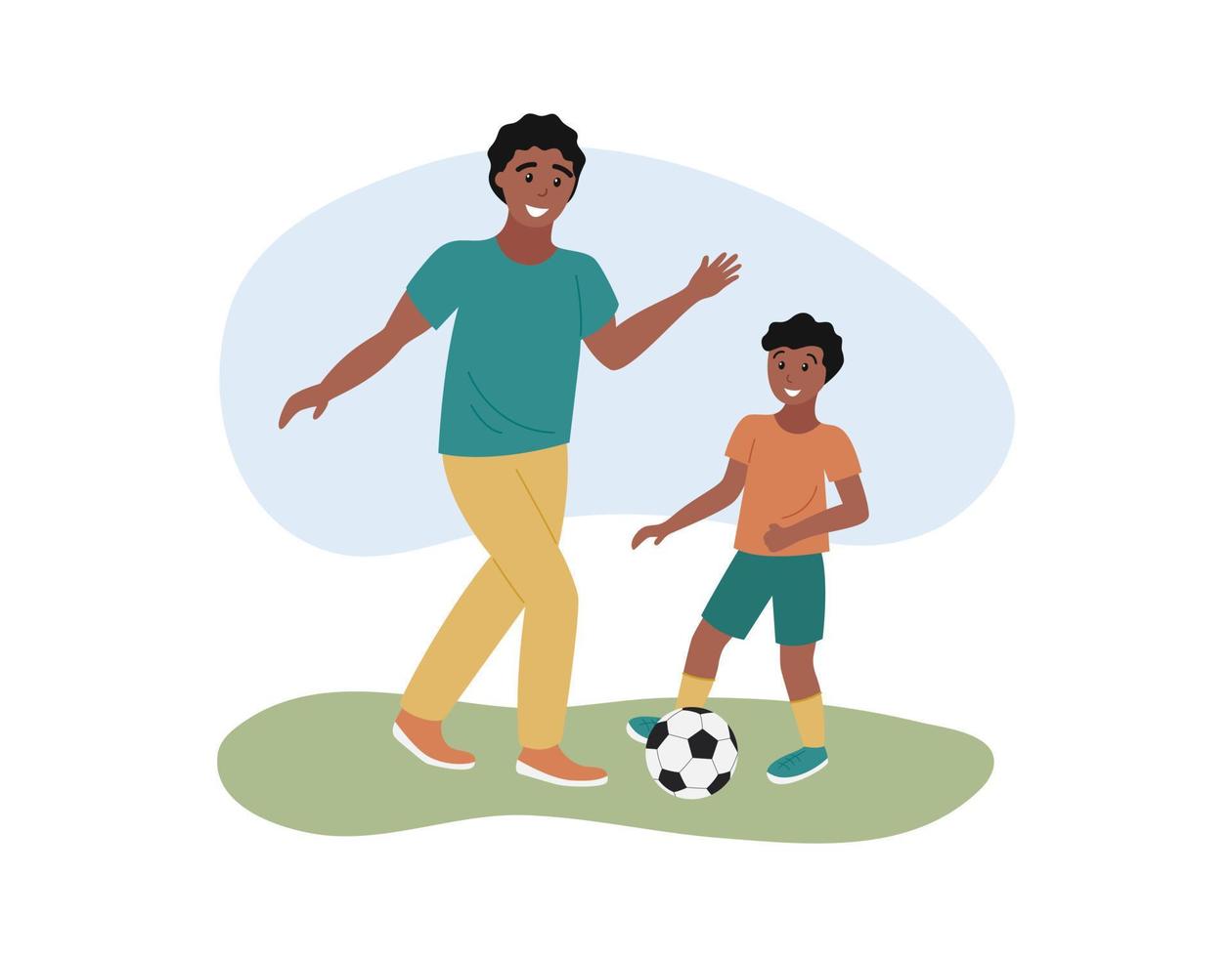 père et fils jouant au football ensemble. papa afro-américain, garçon et ballon de football sur l'herbe. activités de plein air estivales en famille. fête des pères. illustration vectorielle plane vecteur