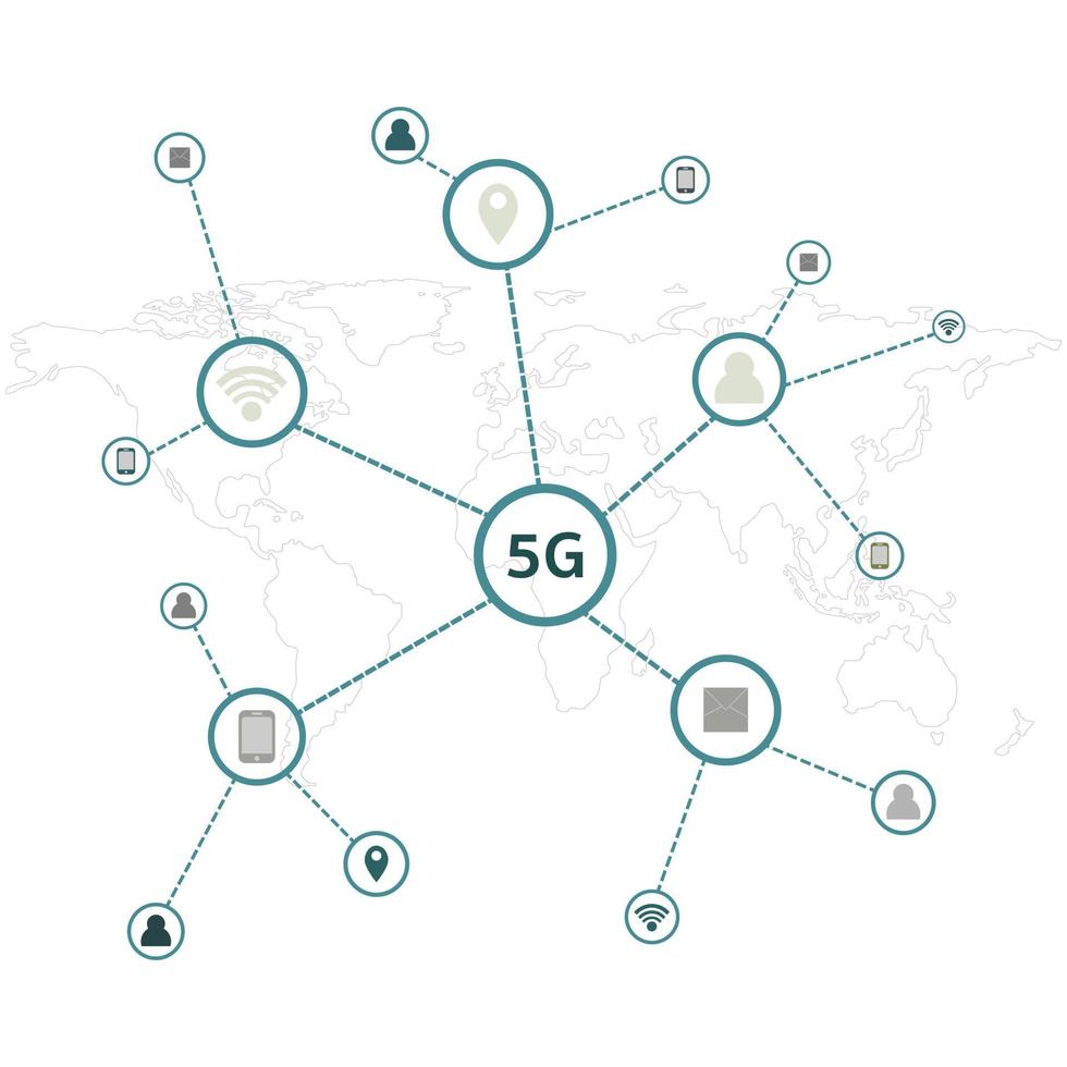 Infographie 5g et carte du monde, connectant les gens à la communication en ligne. vecteur