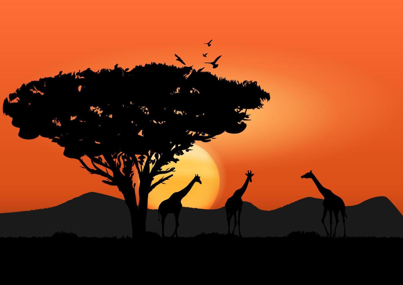 image graphique girafe à la forêt et arbre avec coucher de soleil et silhouette orange clair fond illustration vectorielle vecteur