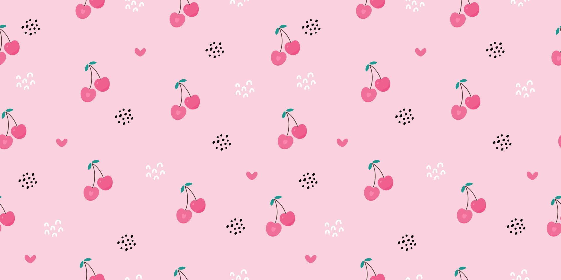 modèle sans couture de cerises avec des feuilles vertes, des points et des coeurs. illustration vectorielle. motif de fruits de dessin animé mignon, conception pour l'impression, papier d'emballage, emballage, toile, tissu, textile, magasins de fruits vecteur