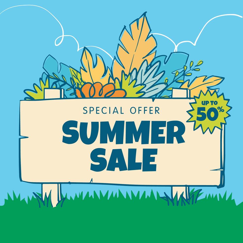bannière de réduction de vente d'été, carte de voeux, poste, publicité - concept de vacances d'été, vecteur doodle dessiné à la main