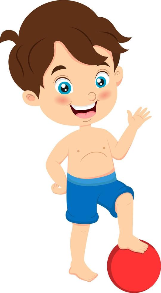 dessin animé petit garçon avec ballon de plage en agitant la main vecteur