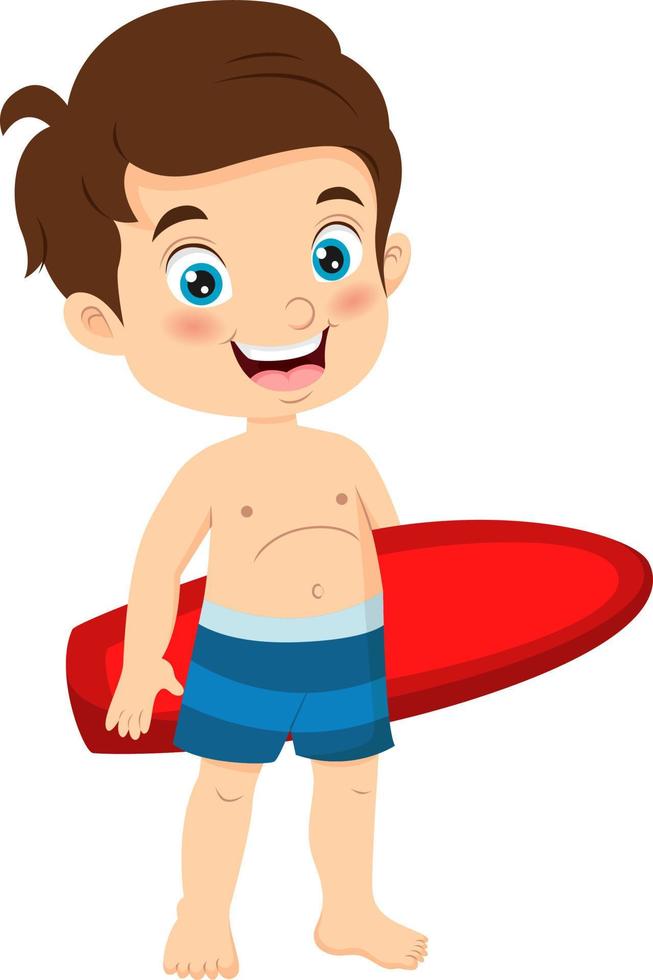 surfeur de garçon de dessin animé tenant une planche de surf vecteur