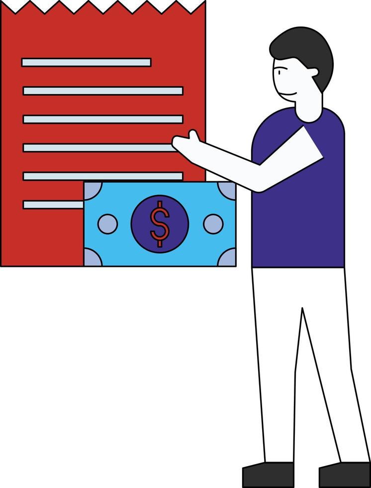 le garçon est debout avec un reçu en dollars. vecteur