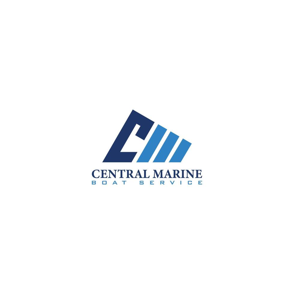 lettre initiale abstraite c et m logo en couleur bleue isolé sur fond blanc appliqué pour le logo du centre de vente et de service de bateaux également adapté à la marque ou à l'entreprise qui a le nom initial cm ou mc vecteur