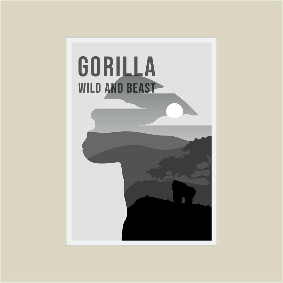 gorille faune extérieure minimaliste affiche double exposition illustration modèle conception graphique vecteur