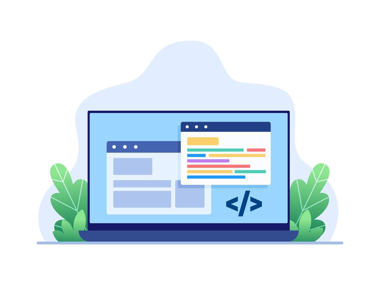 illustration de programmation web dans un ordinateur portable. construire un site Web ou un logiciel avec un langage de programmation. peut être utilisé pour le site Web, l'application et votre projet personnel. vecteur