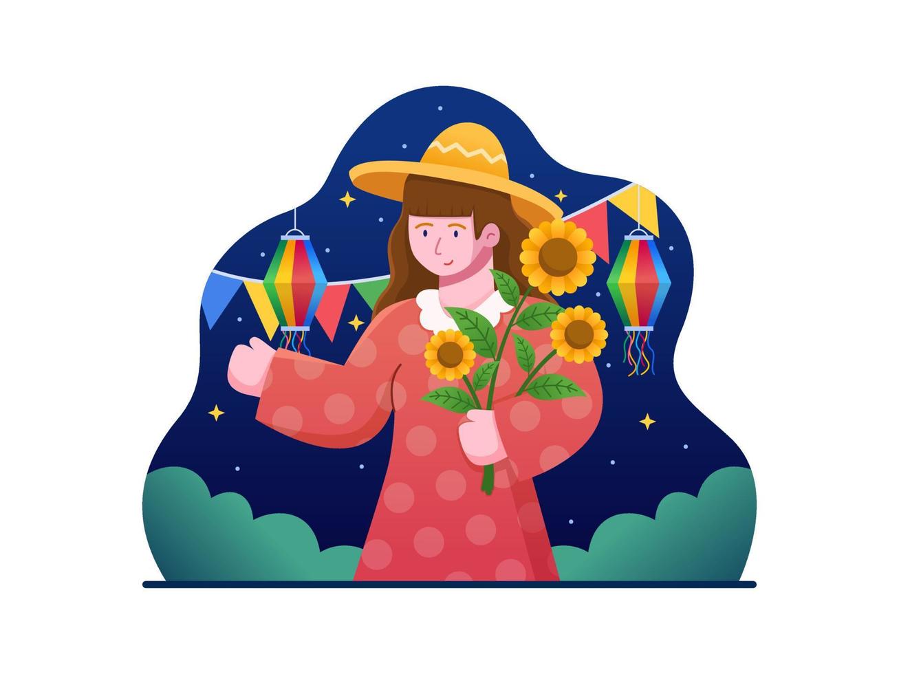 illustration vectorielle femme tenant un tournesol et heureux de célébrer le carnaval de festa junina. peut être utilisé pour la carte de voeux, la carte postale, le web, l'animation, l'impression, etc. vecteur