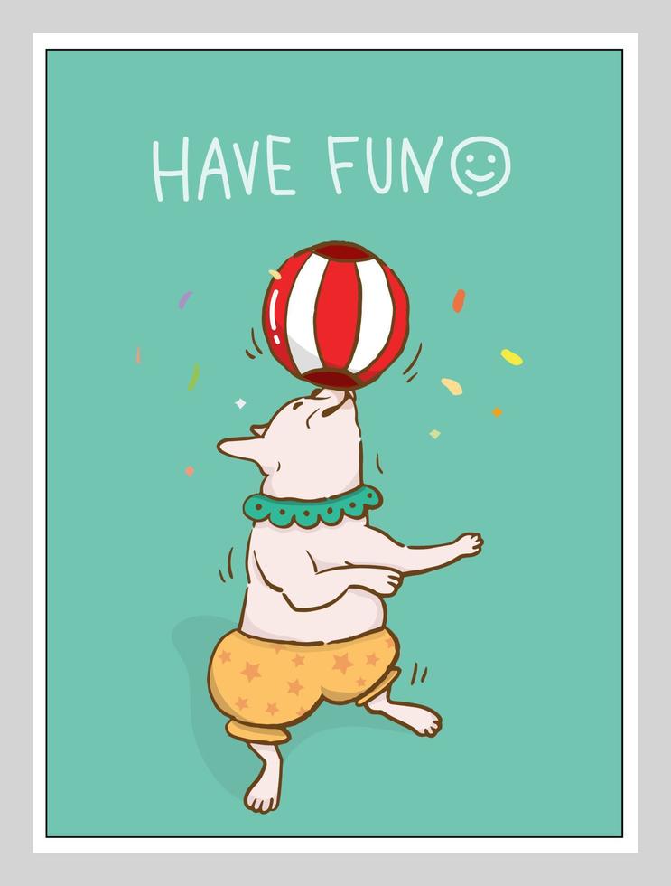 Bouledogue français chien de cirque exécutant un spectacle de cirque.fun avec ball balancing act. conception d'affiches, de cartes postales et de couvertures vecteur