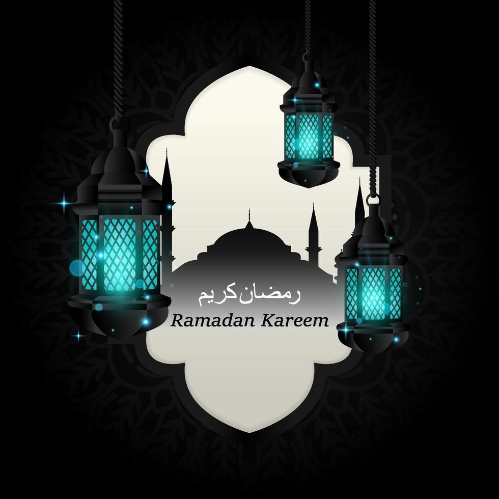ramadan avec des décorations de lampes bleues tricolores et un fond sombre vecteur
