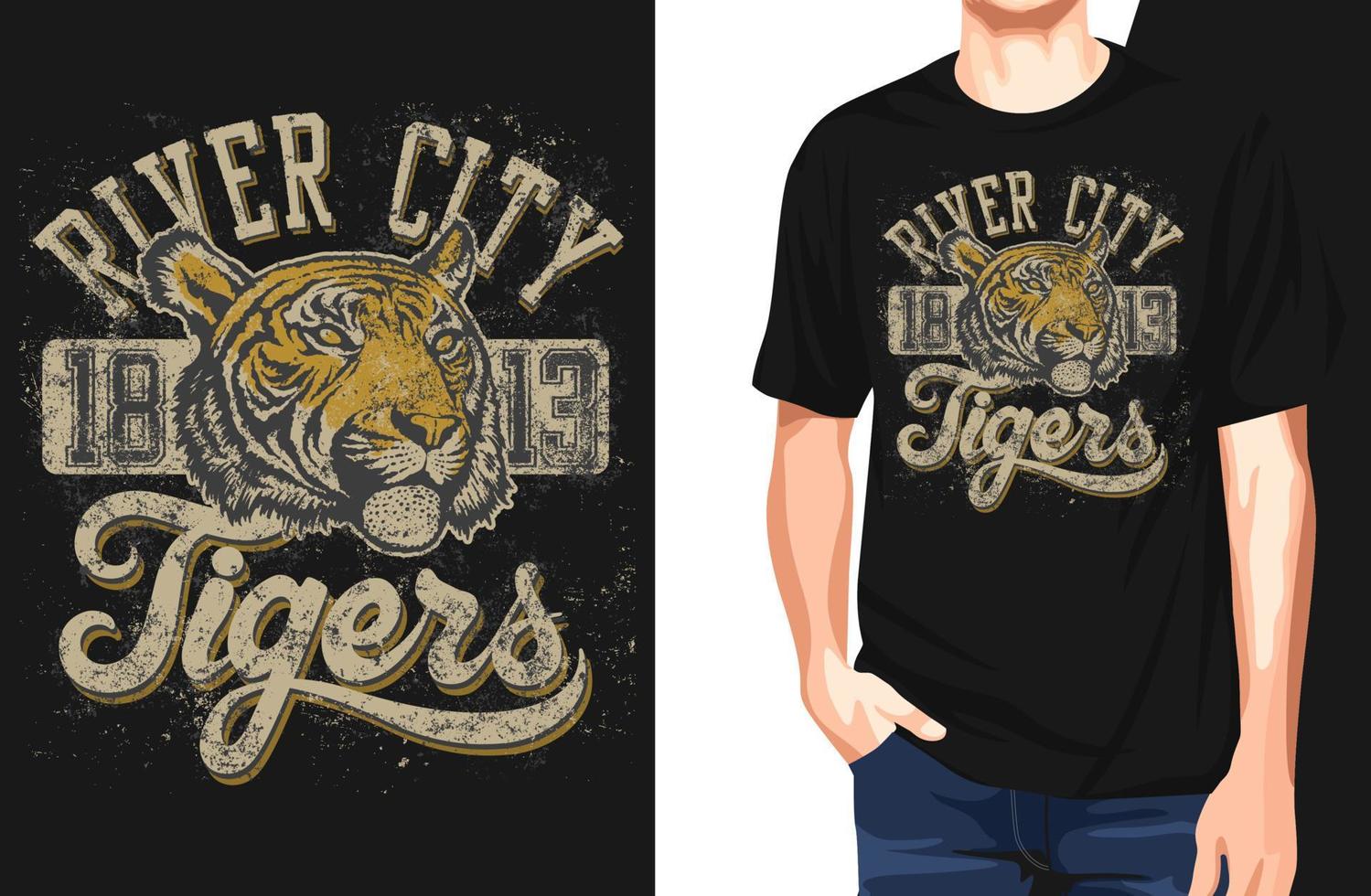 t-shirt tigres de la ville de la rivière. peut être utilisé pour l'impression de t-shirts, l'impression de tasses, les oreillers, la conception d'impression de mode, les vêtements pour enfants, la douche de bébé, les salutations et les cartes postales. conception de t-shirt vecteur