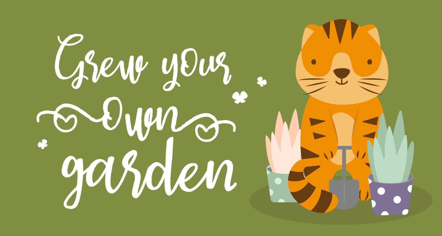 lettrage de slogan de jardinage. tigre de personnage de dessin animé avec des plantes et une pelle. temps de printemps. passe-temps dans le jardin. détendre le concept de thérapie. affiche ou bannière de couleur verte vecteur