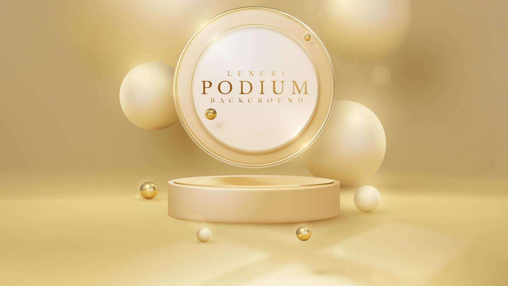 fond de luxe avec podium d'affichage de produit et élément de boule d'or 3d et décoration à effet de flou et lumière scintillante et bokeh. vecteur