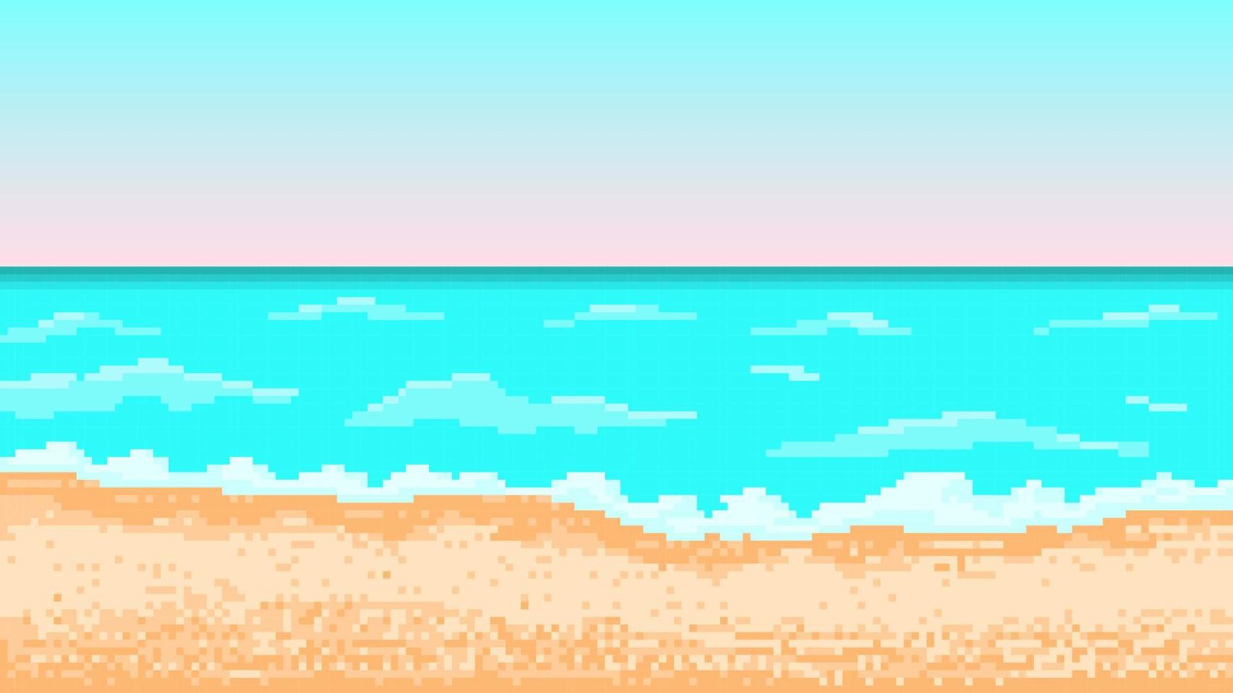 plage tropicale de pixel avec surf. paysage marin avec ciel bleu et lueur du soleil couchant. mousse blanche roule sur du sable chaud jaune. vagues colorées de l'océan créant une ambiance de vecteur de vacances