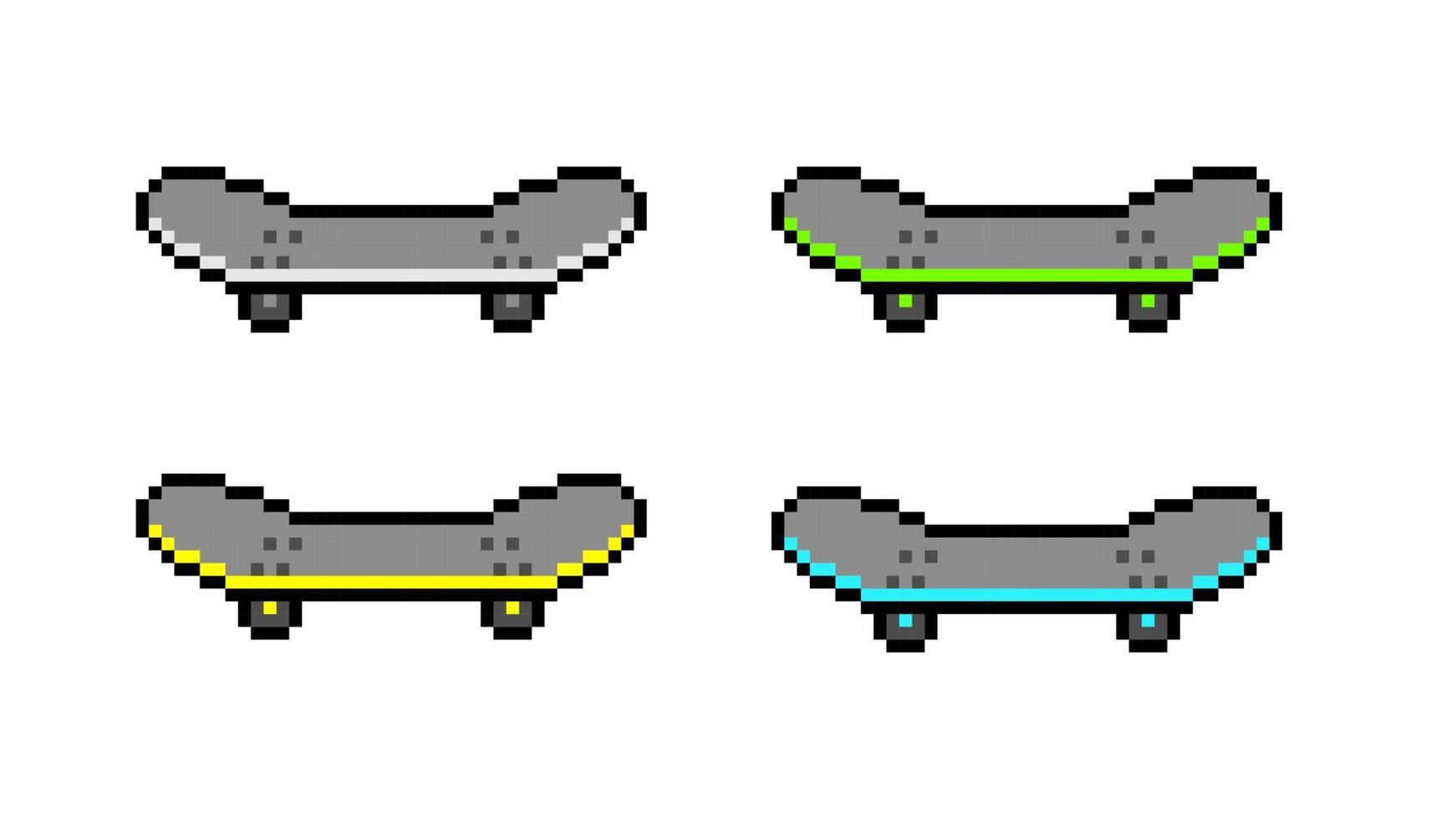 planches à roulettes en pixels. planche à roulettes de sport pour le plaisir et les sports extrêmes. skateboard actif en ville et dans la nature avec une résolution de 8 bits pour le jeu vectoriel