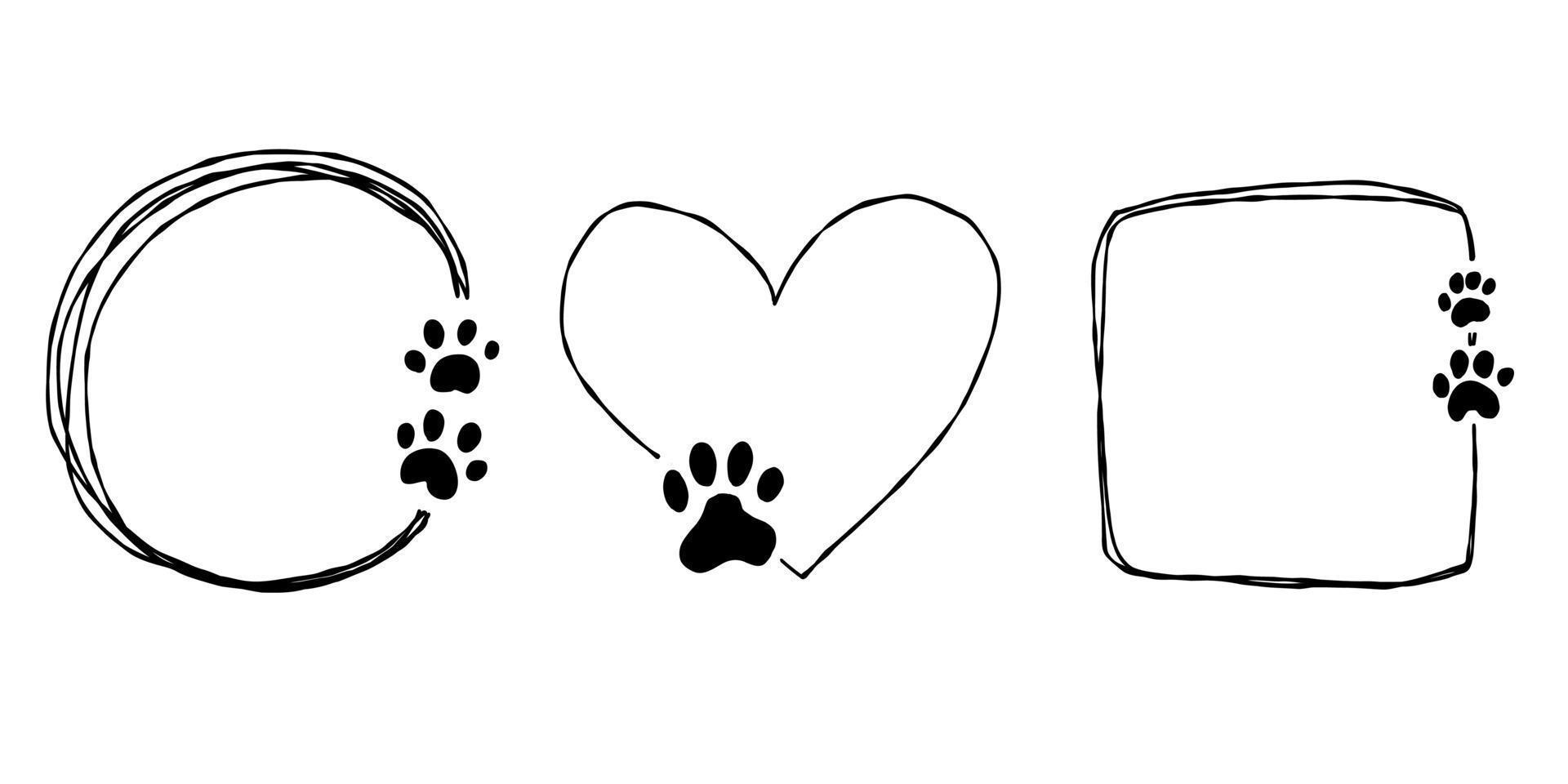 ensemble de cadres isolés de doodle abstrait mignon dessinés à la main. lignes rondes avec pattes. pour animaux de compagnie, collection d'amour. vecteur
