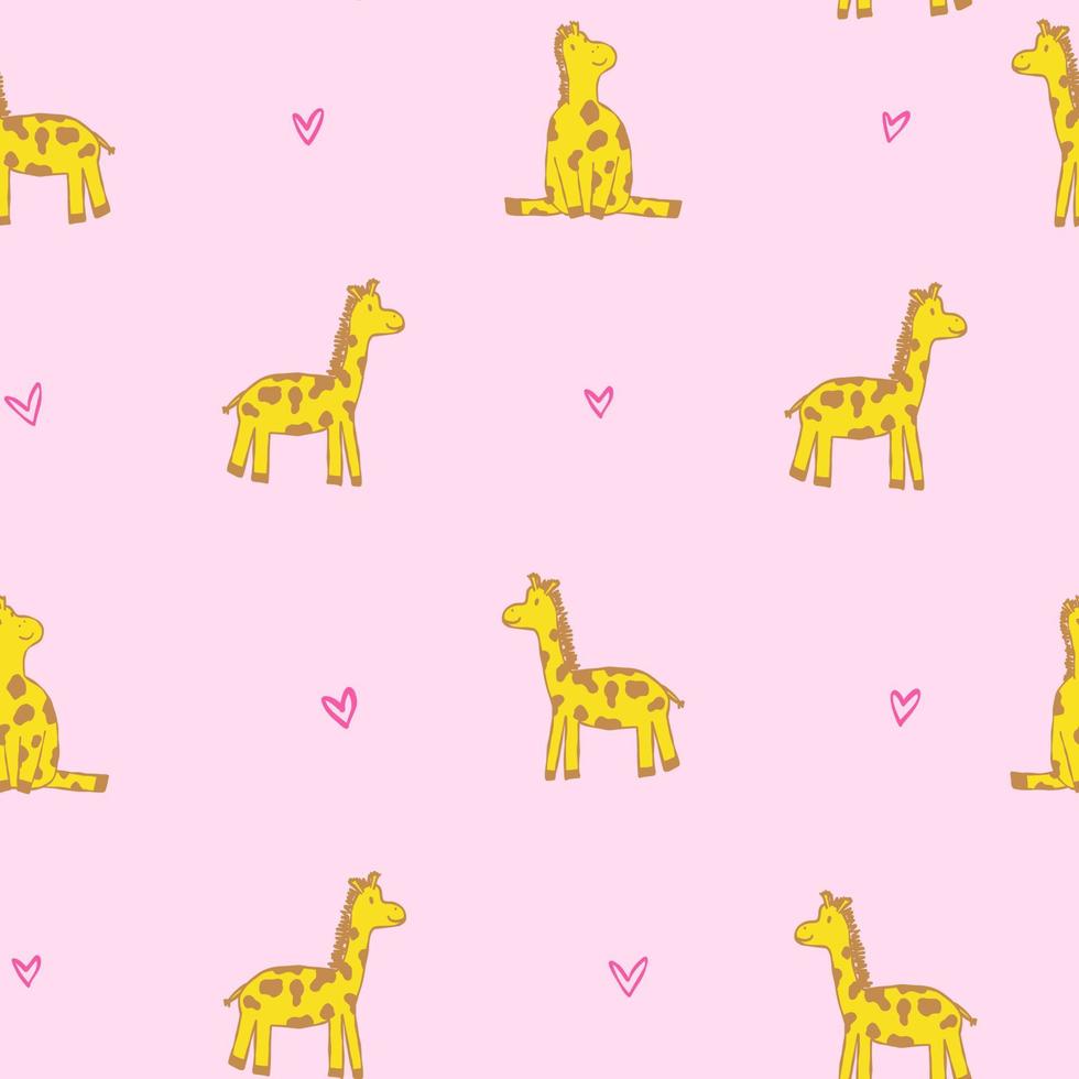 jolie ligne de griffonnage girafe mignonne avec motif coeurs rose sans couture pour les enfants. vecteur
