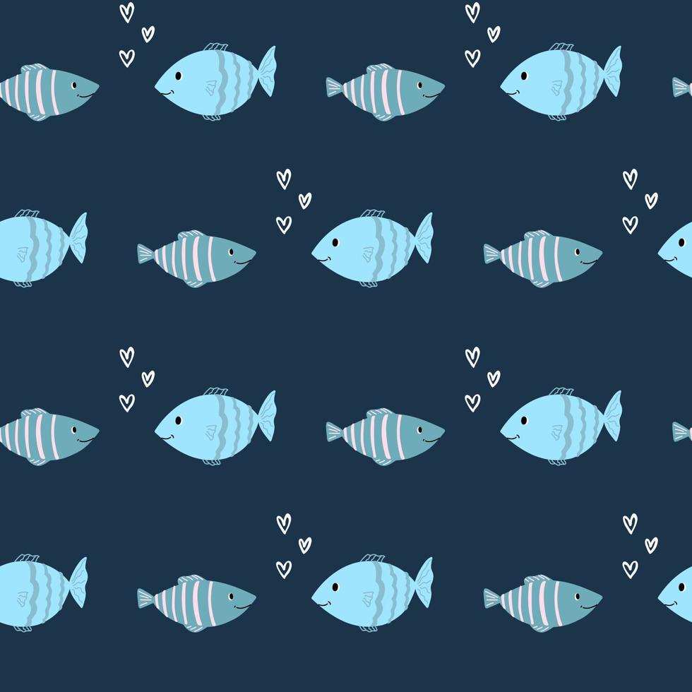 doodle de ligne bleue de motif de mer de poisson mignon. océan de fond transparent. coeurs textiles pour enfants. album de papier minimalisme pour enfants, salle de bain. vecteur