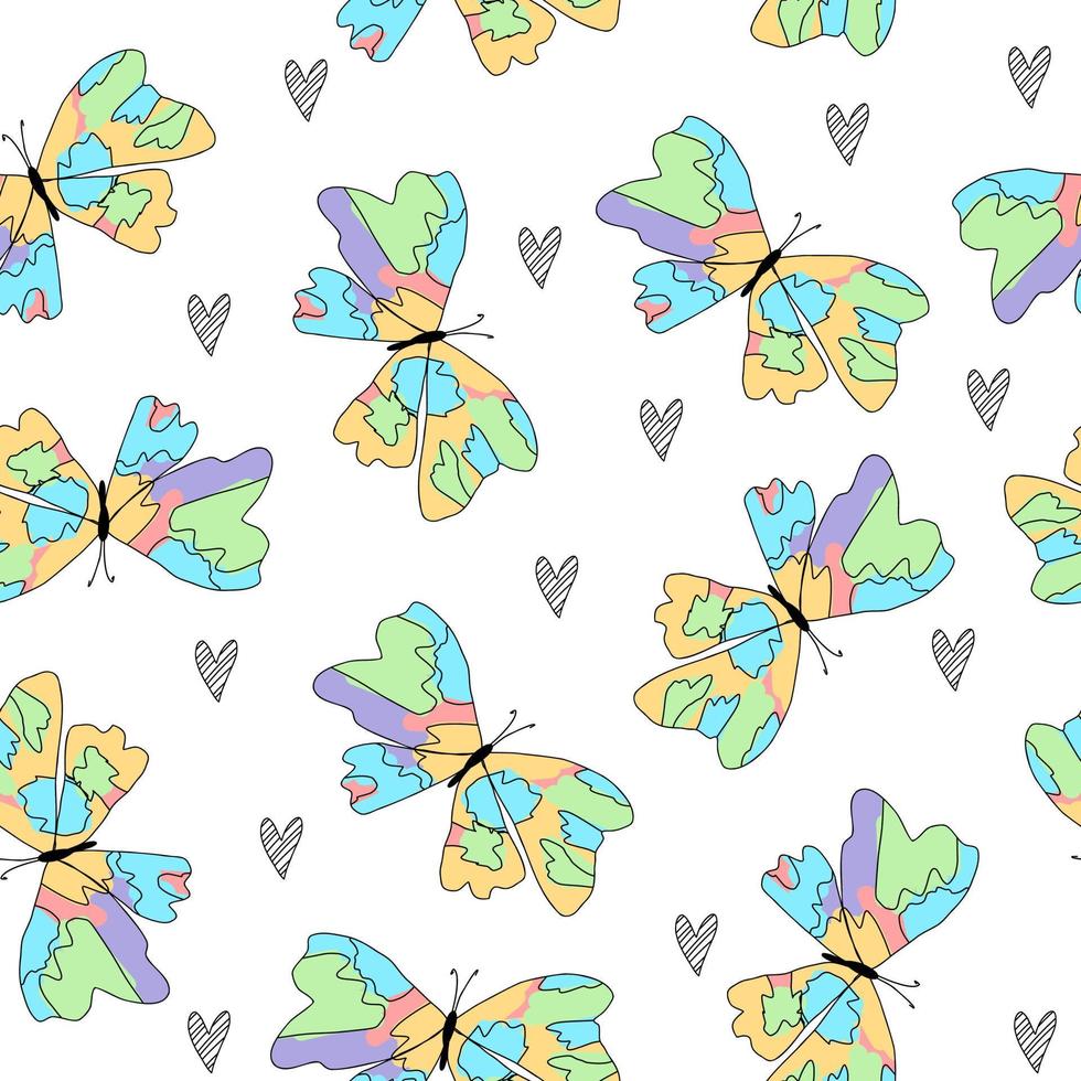 doodle ligne papillons roses, orange, violets, verts, bleus motif blanc mignon sans couture minimaliste pour les enfants. vecteur