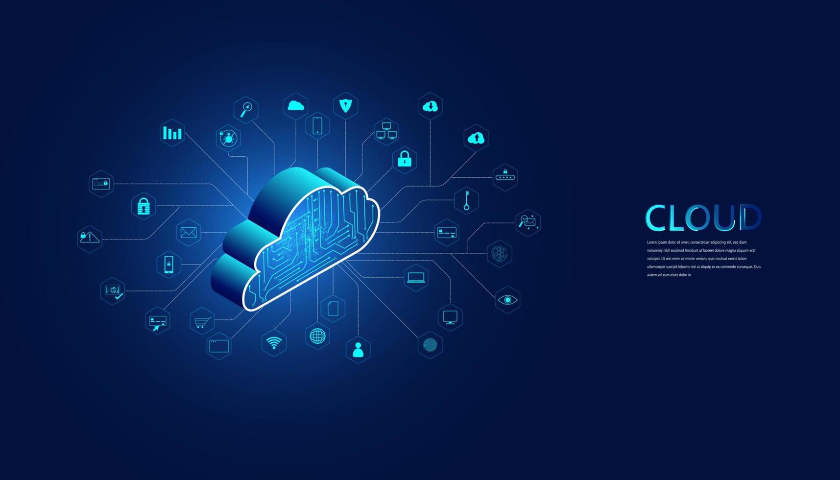 technologie cloud abstraite avec connexion au concept de données volumineuses et d'interface en collectant des données dans le cloud avec de grands systèmes de stockage de données sur fond de haute technologie. vecteur