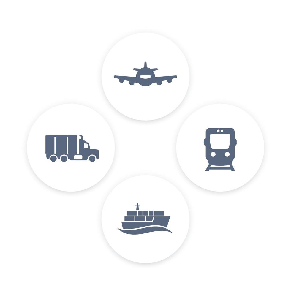 icônes de l'industrie du transport, vecteur de train de fret, transport maritime, navire, camion de fret, pictogrammes de transport, icônes rondes, illustration vectorielle